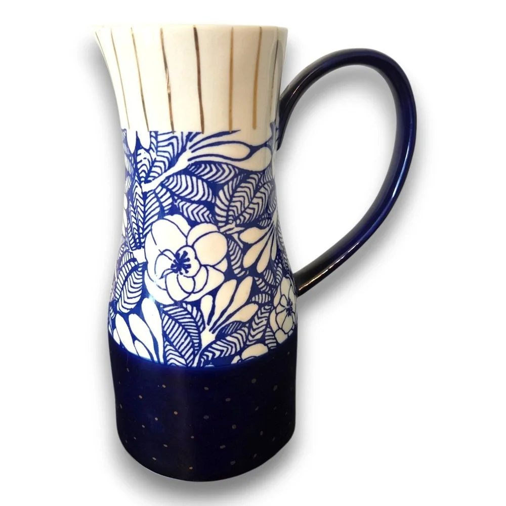 Anthropologie Garden Guest Pitcher Vase Blue Gold Floral Carla Dinnage 9.5''